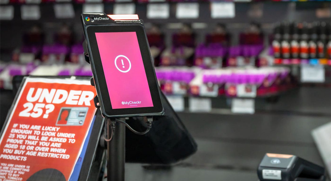 MyCheckr age verification on counter at Royal Flush Vape shop.