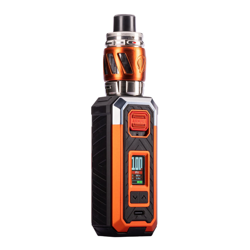 Front angled image of orange Armour S vape kit by Vaporesso.