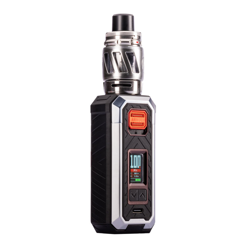 Front angled image of silver Armour S vape kit by Vaporesso.