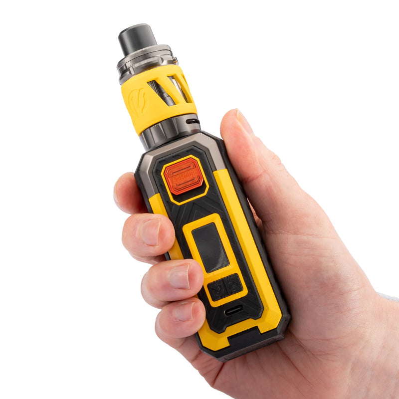 Yellow Armour S vape kit in hand.