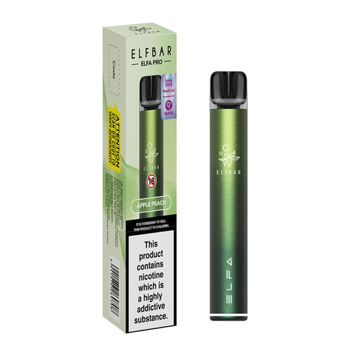 Elf Bar Elfa Pro refillable pod kit Apple Peach Flavour - Device next to box