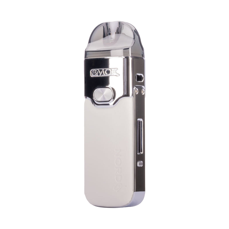 Front side image of white leather Smok Nord GT vape kit.