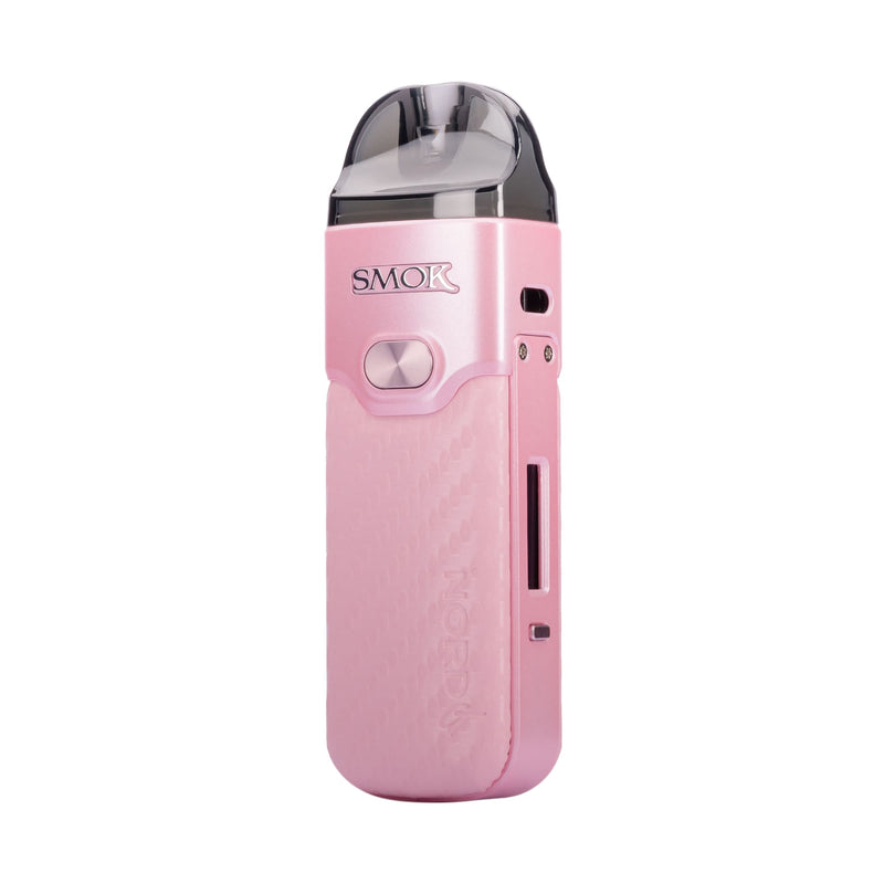 Front side image of pink leather Smok Nord GT vape kit.