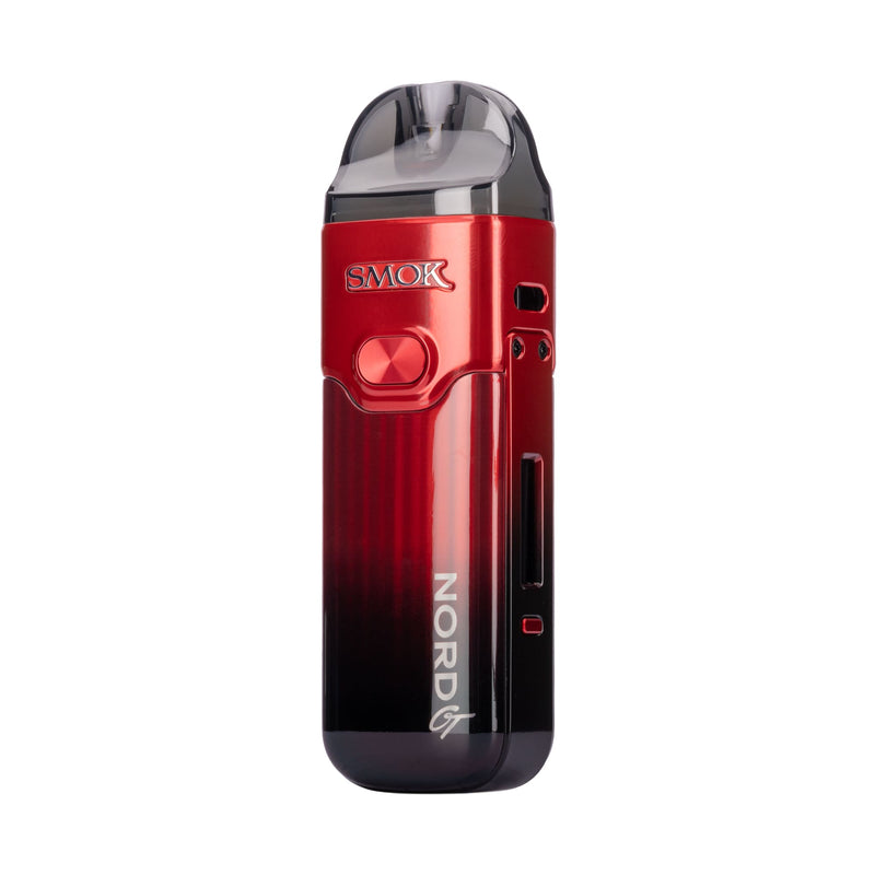 Side angle image of red black Smok Nord GT device with pod attached.