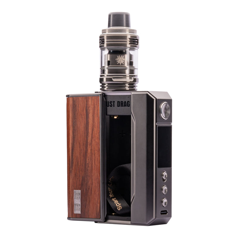 Voopoo Drag 4 Vape Kit in Gunmetal and Rosewood Colour With Battery Door Open