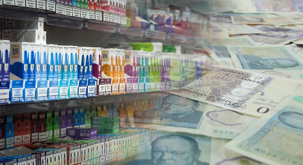 Wide angle photograph of e-liquids on the right with UK bank notes faded in on the right hand side.
