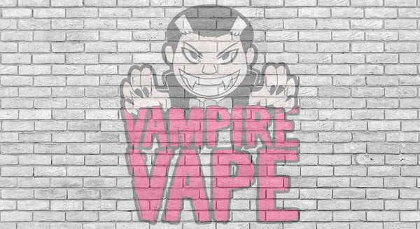 Vampire vape logo spray painted on a grey wall background with a pink tint.