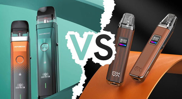 Vaporesso Xros Pro vape kit next to Oxva Xlim Pro vape kit with a tear between the two and illustration "vs". 