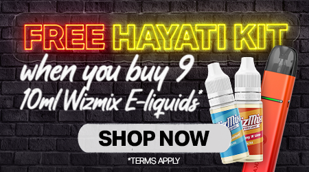 Grab any 9 Wizmix for £21 and bag a FREE Hayati Quokka Elite Kit, plus an EXTRA FREE 10ml e-liquid
