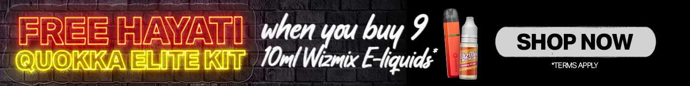 Grab any 9 Wizmix for £21 and bag a FREE Hayati Quokka Elite Kit, plus an EXTRA FREE 10ml e-liquid
