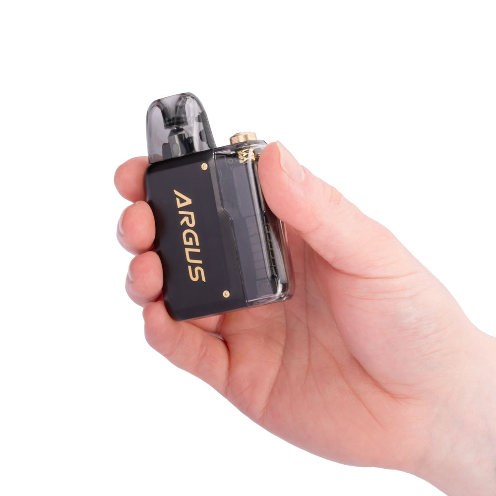 Matte Black Argus P2 vape kit in hand.