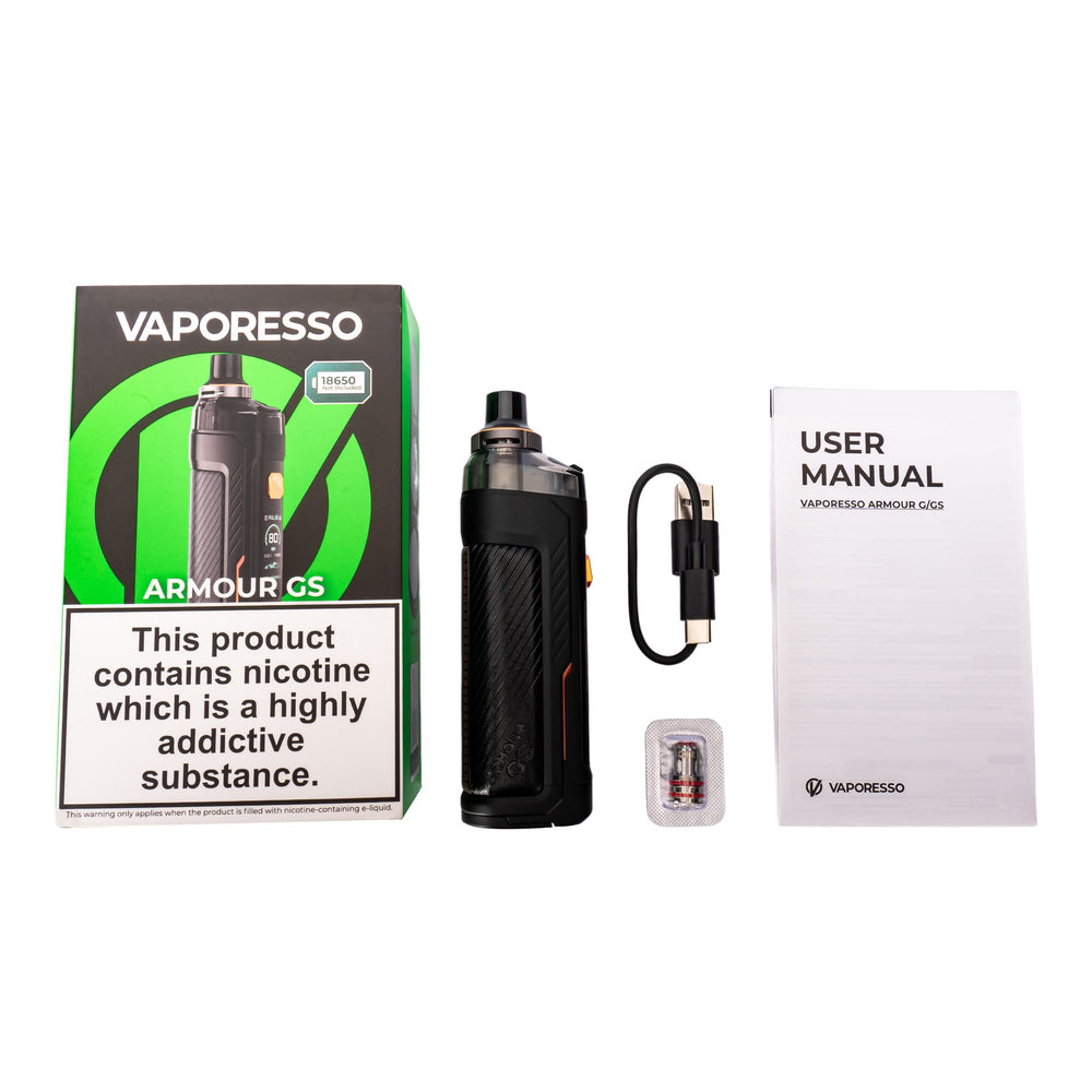 Flat lay of Armour GS vape kit.