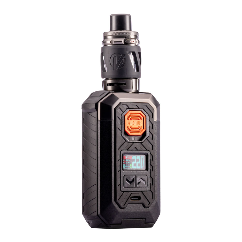 Front angled image of black Vaporesso Armour Max vape kit.