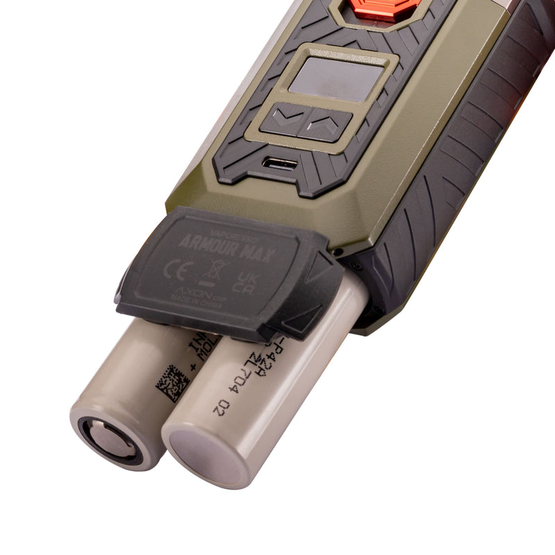 Close up of open battery door at the base of the Vaporesso Armour Max vape kit.