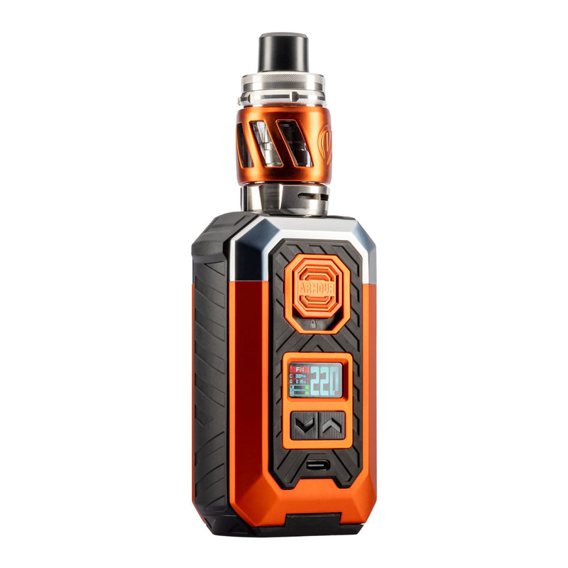 Front angled image of orange Vaporesso Armour Max vape kit.