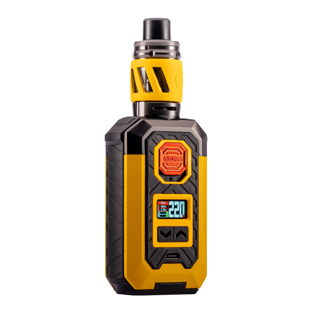 Front angled image of yellow Vaporesso Armour Max vape kit.