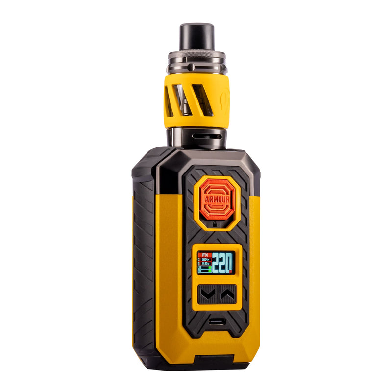 Front angled image of yellow Vaporesso Armour Max vape kit.