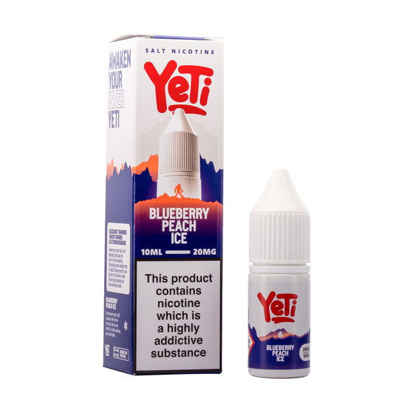 Yeti Blueberry Peach Ice nic salt e-liquid box and bottle render.