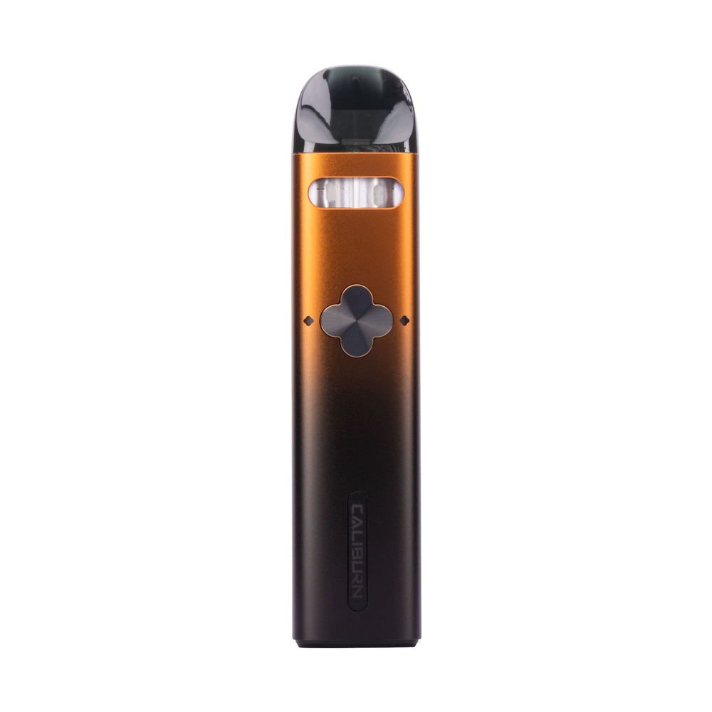 Front image of Orange Black Caliburn Explorer vape kit.