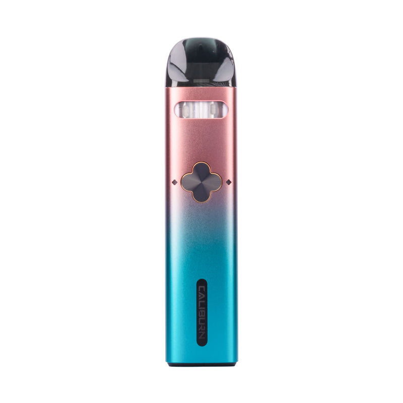 Front image of Pink Cyan Caliburn Explorer vape kit.