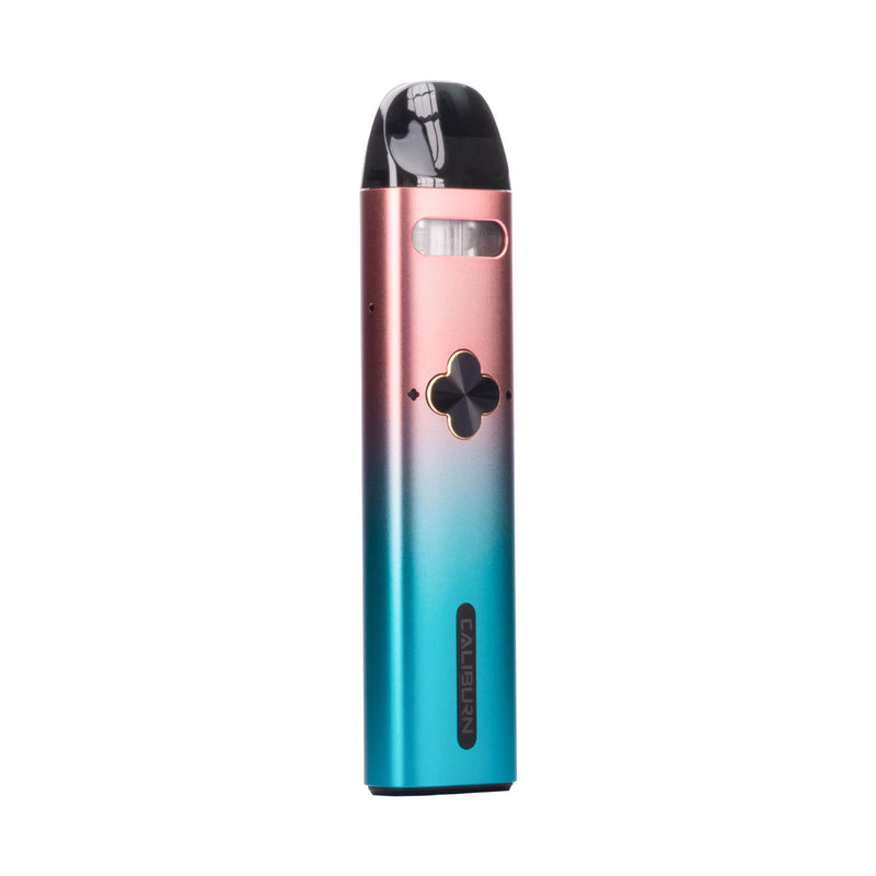 Side image of Pink Cyan Caliburn Explorer vape kit.