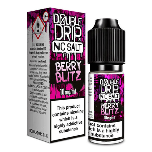 Double Drip Berry Blitz Nic Salt E-Liquid - Bottle Next to Box.