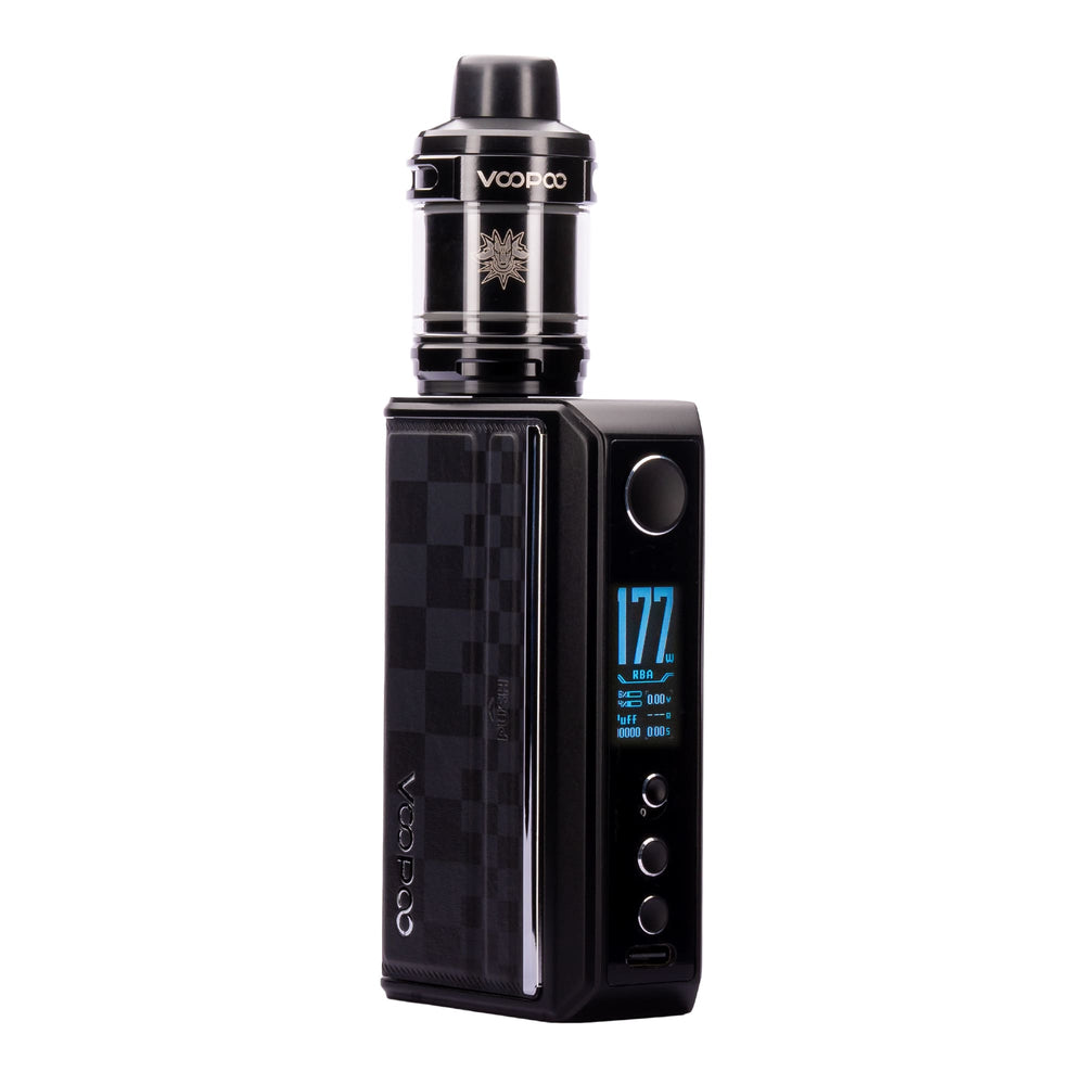 Front angled image with screen display on Black Drag 5 vape kit by Voopoo.