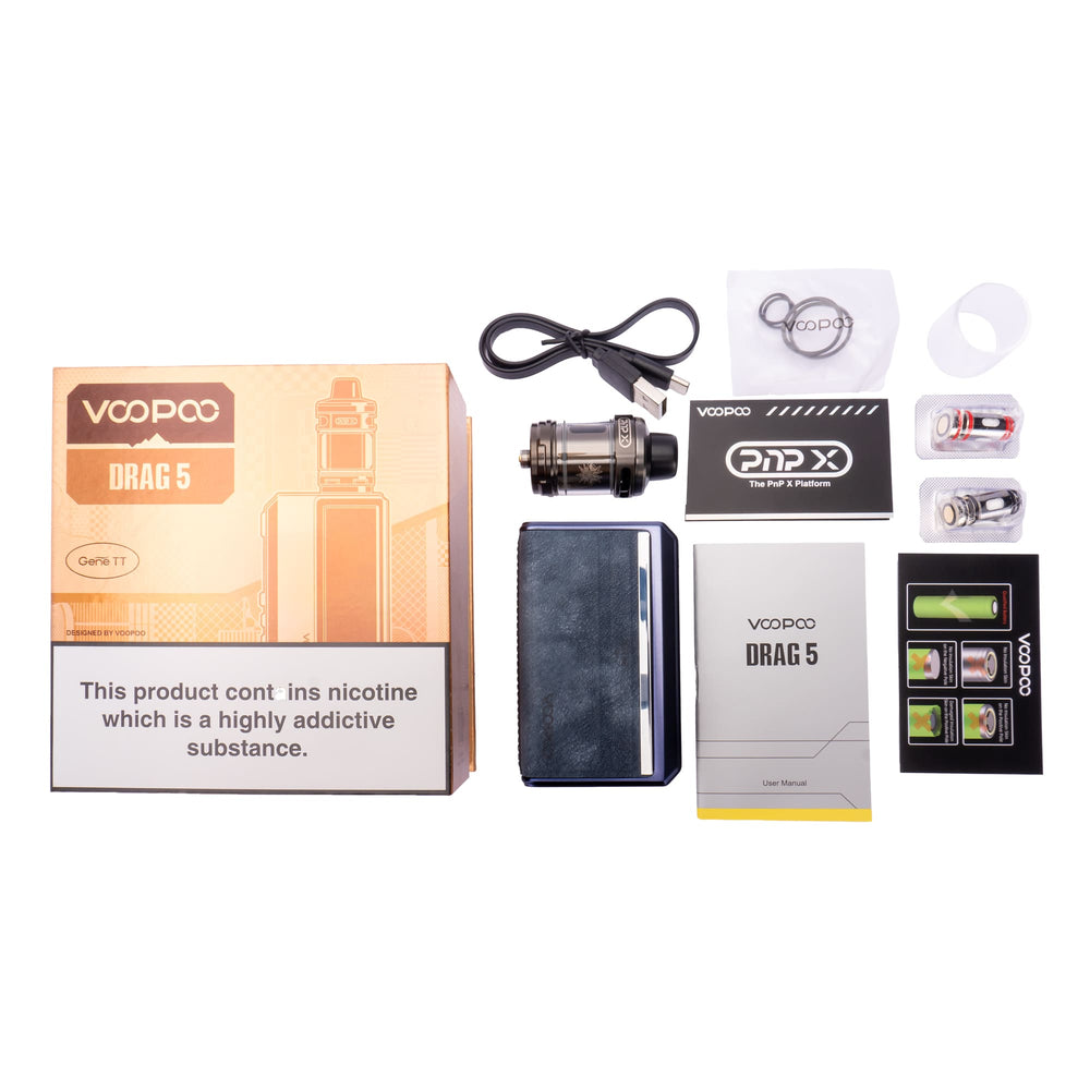 Flat lay of Voopoo Drag 5 vape kit box contents.