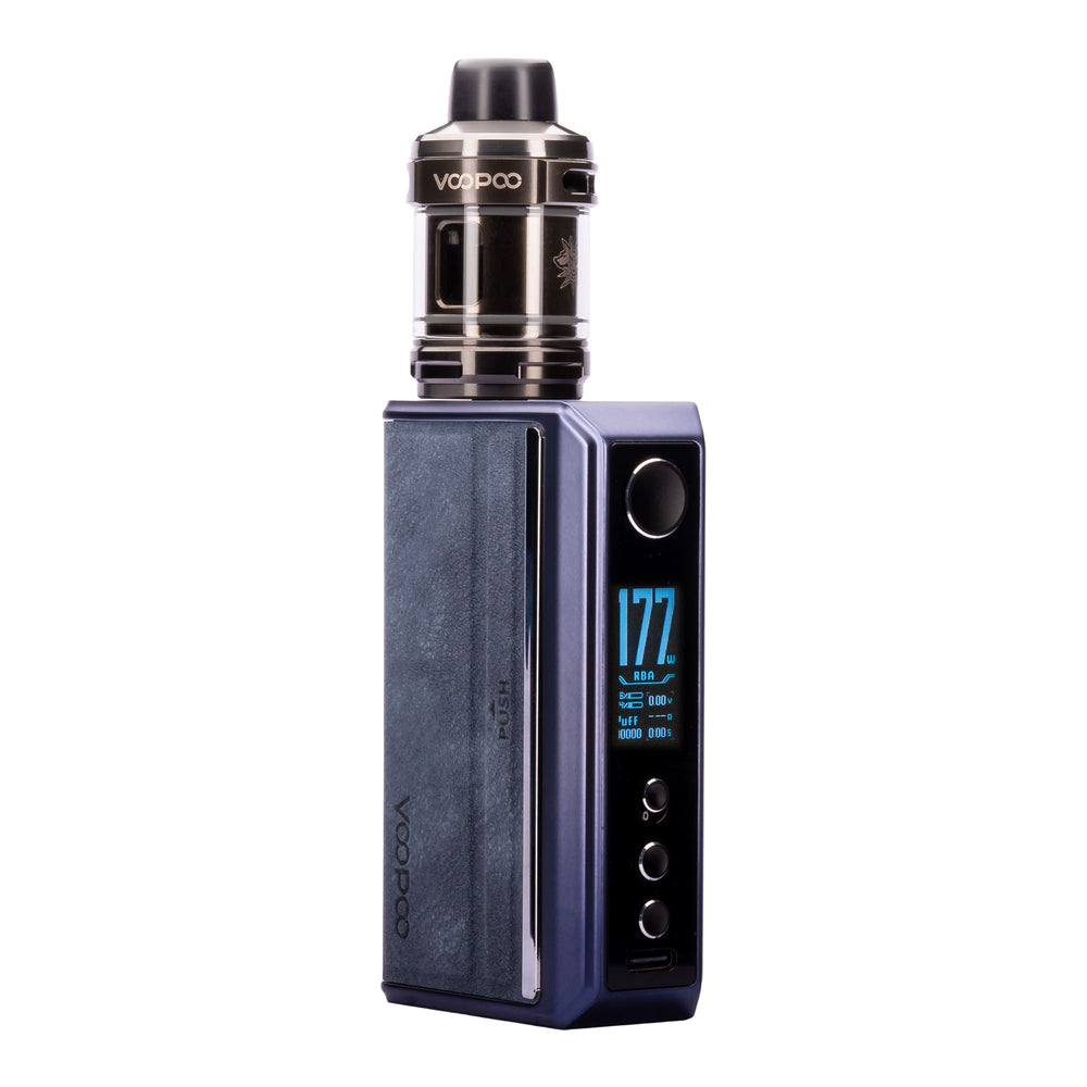 Front angled image with screen display on Gradient Blue Drag 5 vape kit by Voopoo.