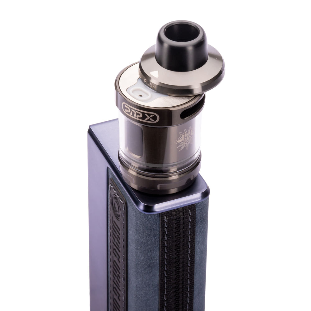 Close up of vape tank on gradient blue Drag 5 vape kit.
