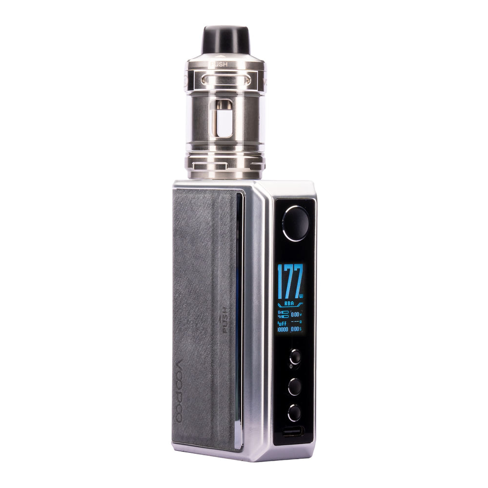Front angled image with screen display on Silver Drag 5 vape kit by Voopoo.