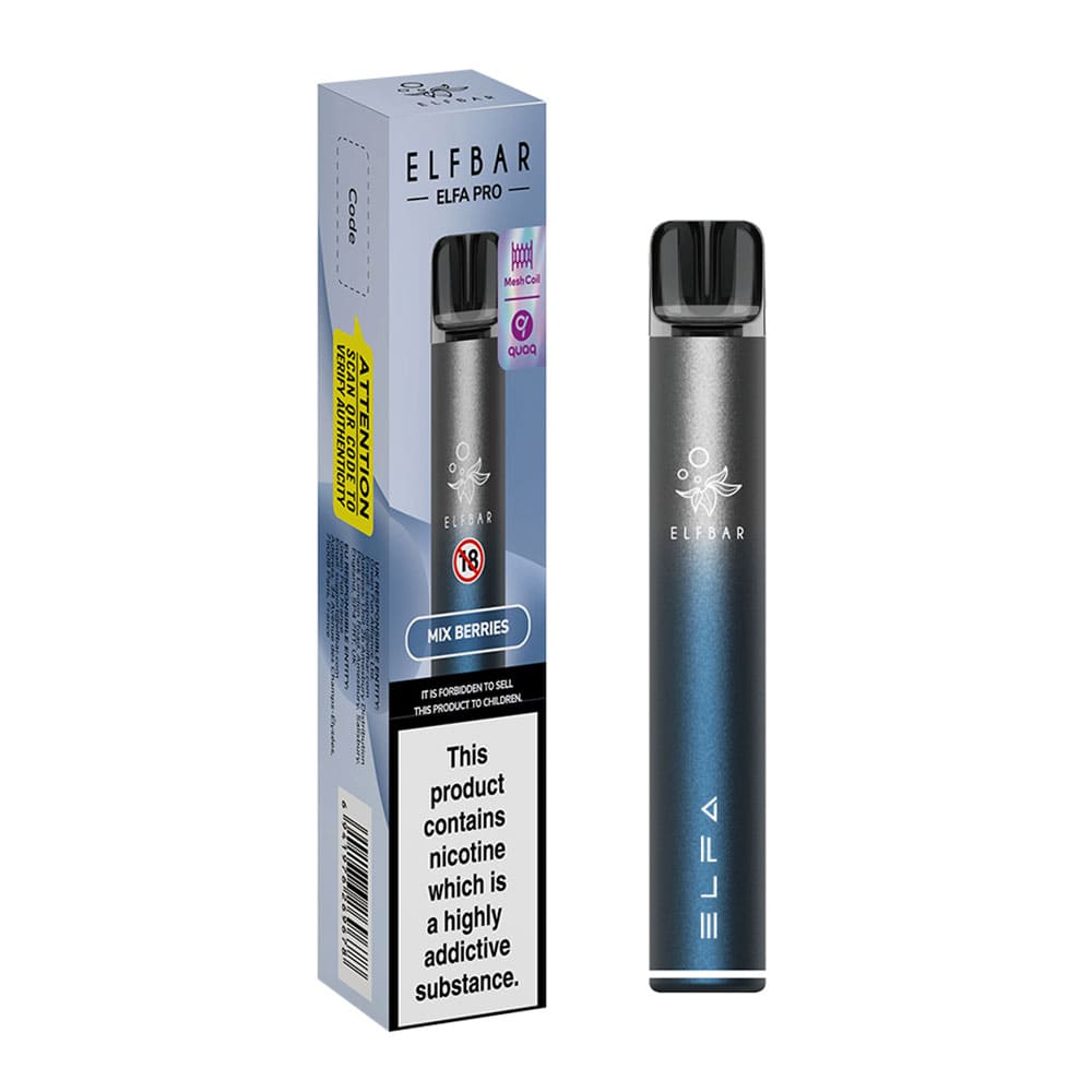 Elf Bar Elfa Pro refillable pod kit Mix Berries Flavour - Device next to box