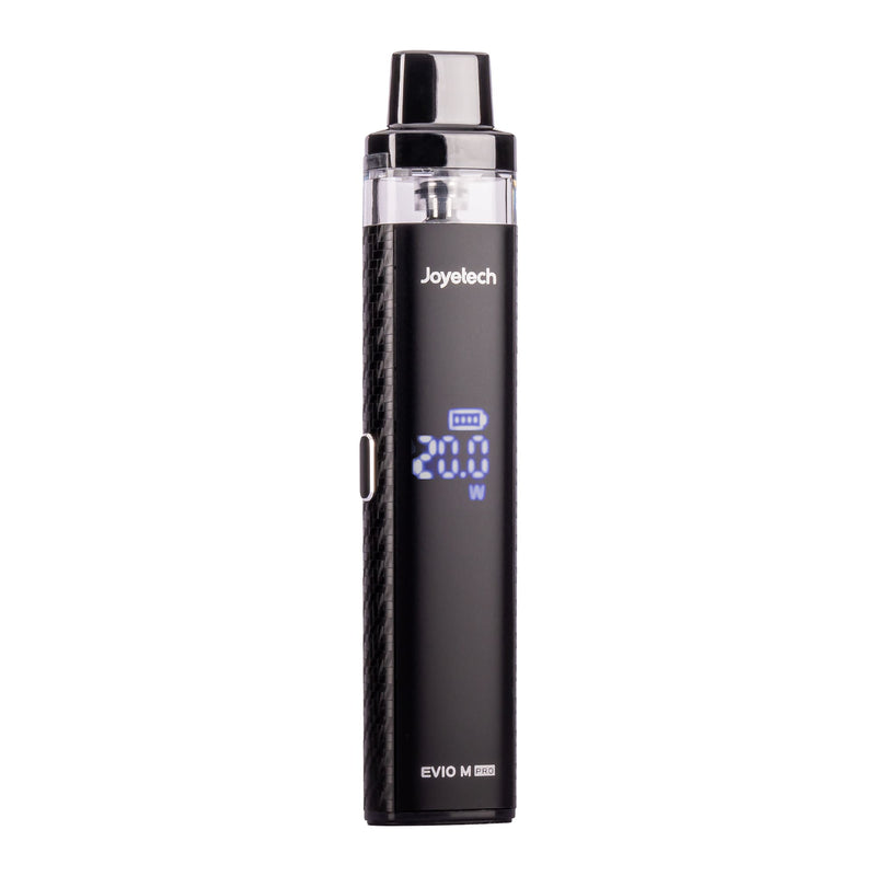 Front angled photo of Carbon Fibre Evio M Pro vape kit by Joyetech.
