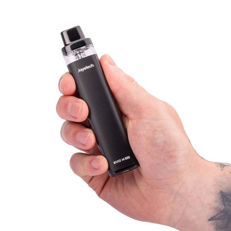 Carbon Fibre Joyetech Evio M Pro vape kit in hand.