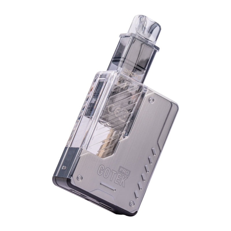 Side Image of Aspire GoteK Pro in Stainless Steel With Pod Being Inserted.