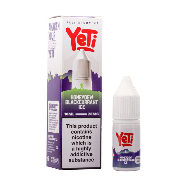 Yeti Honeydew Blackcurrant Ice nic salt e-liquid box and bottle render.