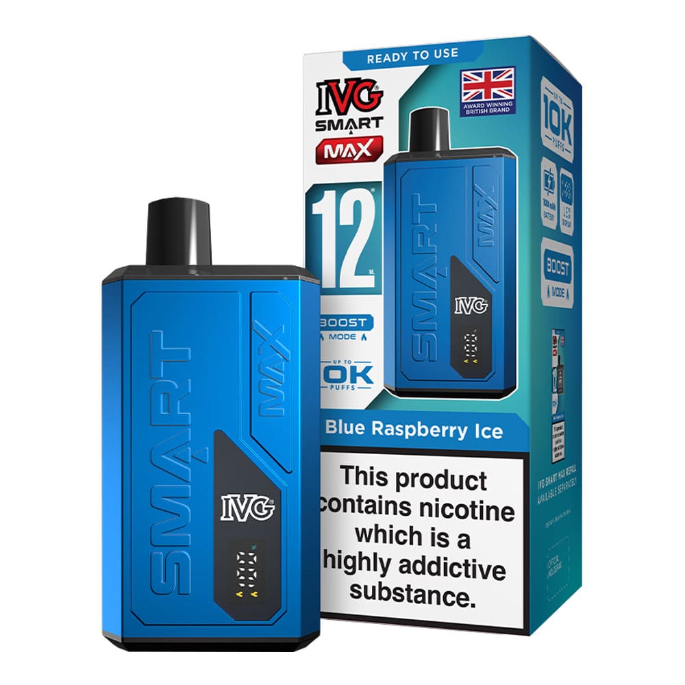 IVG Blue Raspberry Ice Smart Max vape kit and box render.
