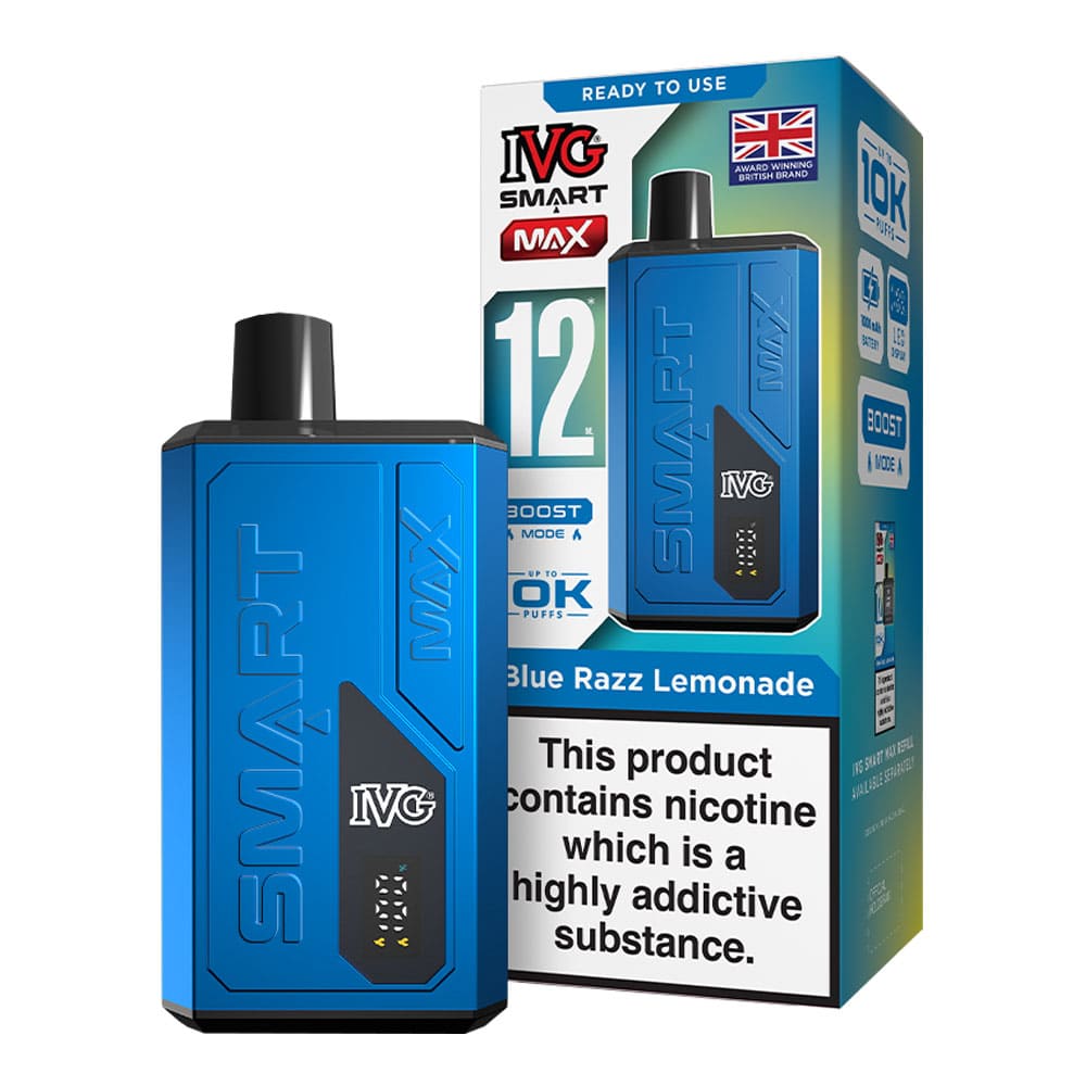 IVG Blue Razz Lemonade Smart Max vape kit and box render.