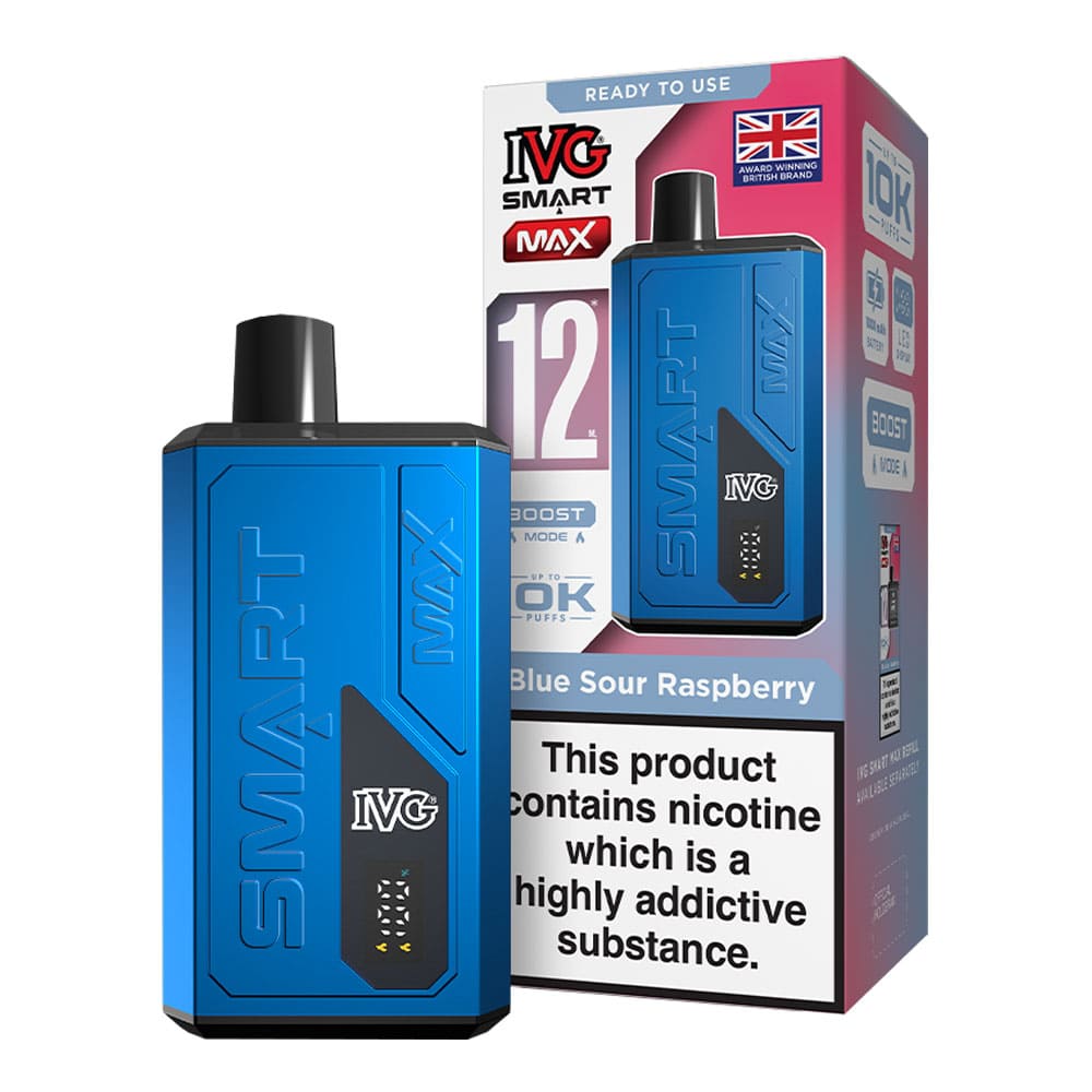 IVG Blue Sour Raspberry Smart Max vape kit and box render.