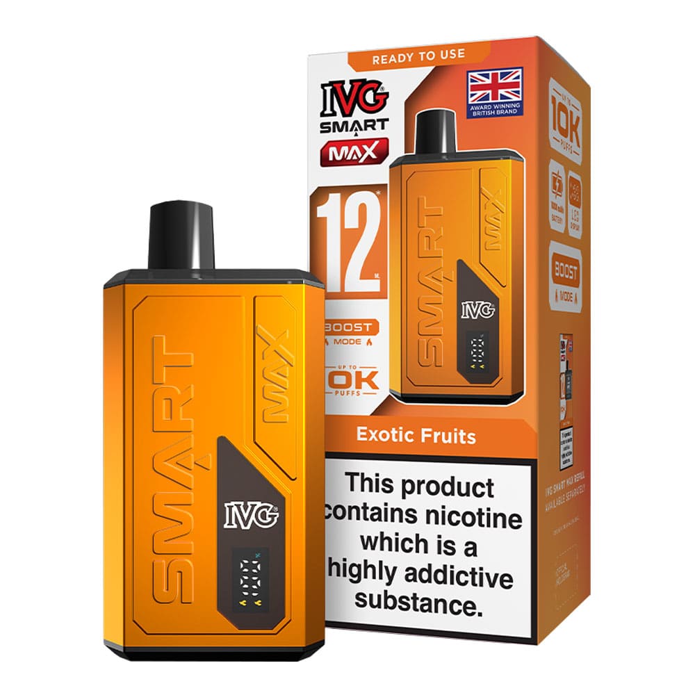 IVG Exotic Fruits Smart Max vape kit and box render.