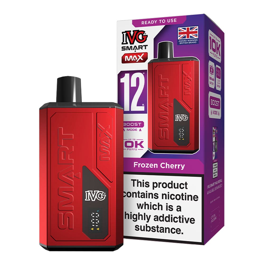 IVG Frozen Cherry Smart Max vape kit and box render.