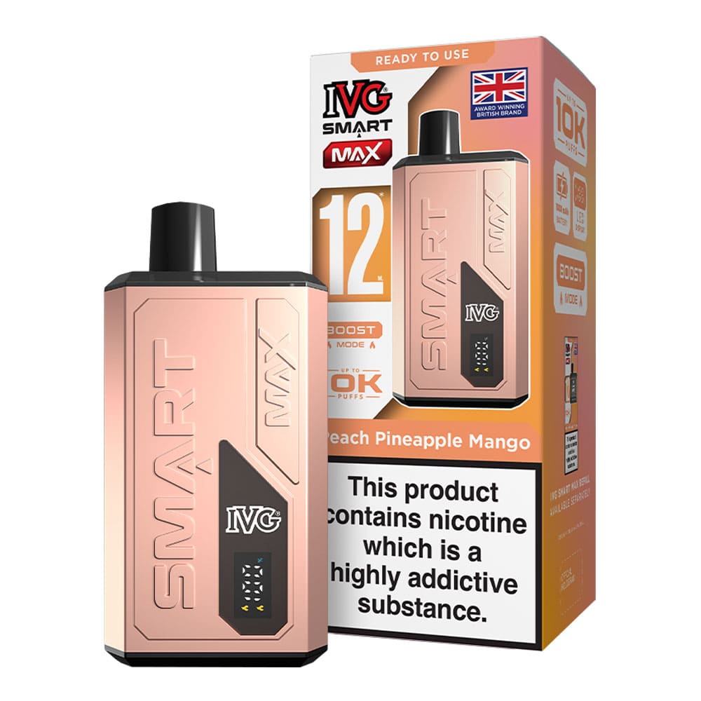 IVG Peach Pineapple Mango Smart Max vape kit and box render.