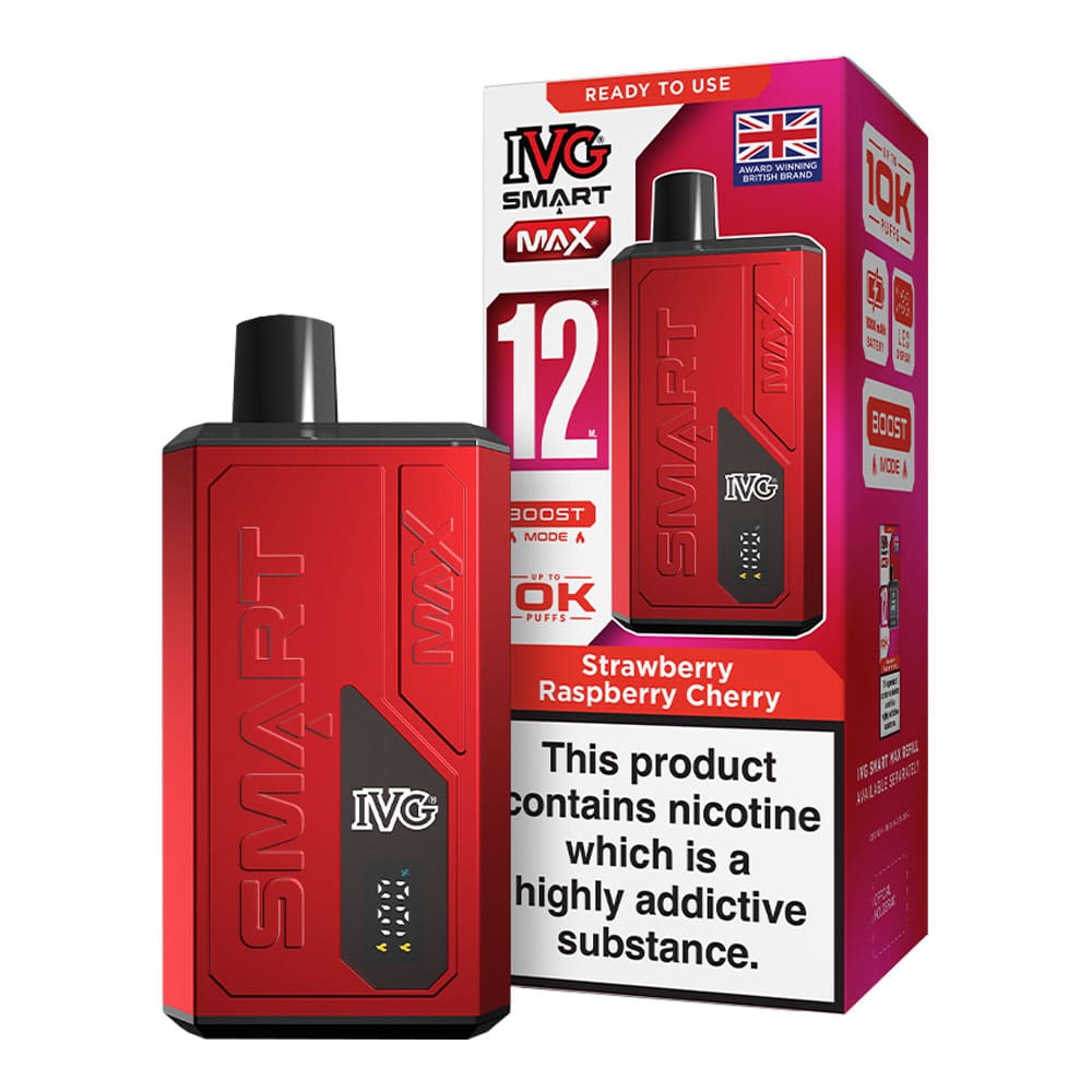 IVG Strawberry Raspberry Cherry Smart Max vape kit and box render.