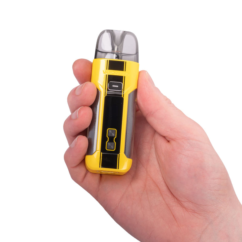 Dazzling Yellow Vaporesso Luxe X Pro vape kit in hand.
