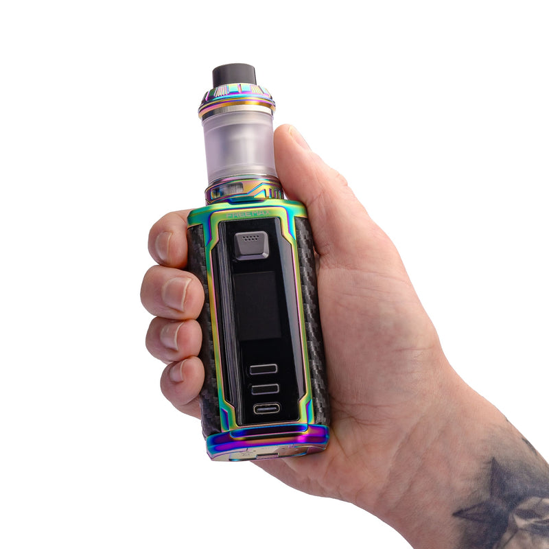 Rainbow Freemax Maxus 3 vape kit held in hand against a white background.