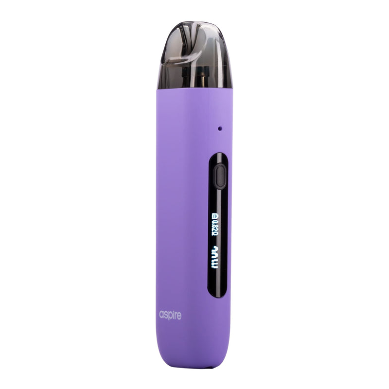 Side image of Lilac Minican 3 Pro pod kit with screen on showing wattage.