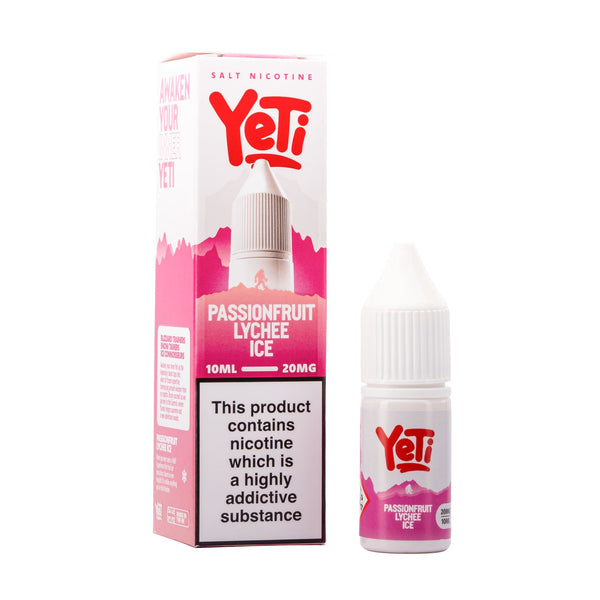Yeti Passion Fruit Lychee Ice nic salt e-liquid box and bottle render.