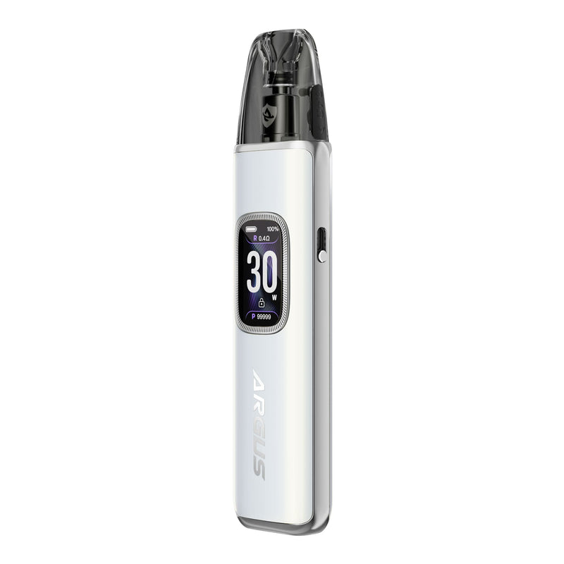 Front side render of Pearl White Argus G3 pod kit by Voopoo.