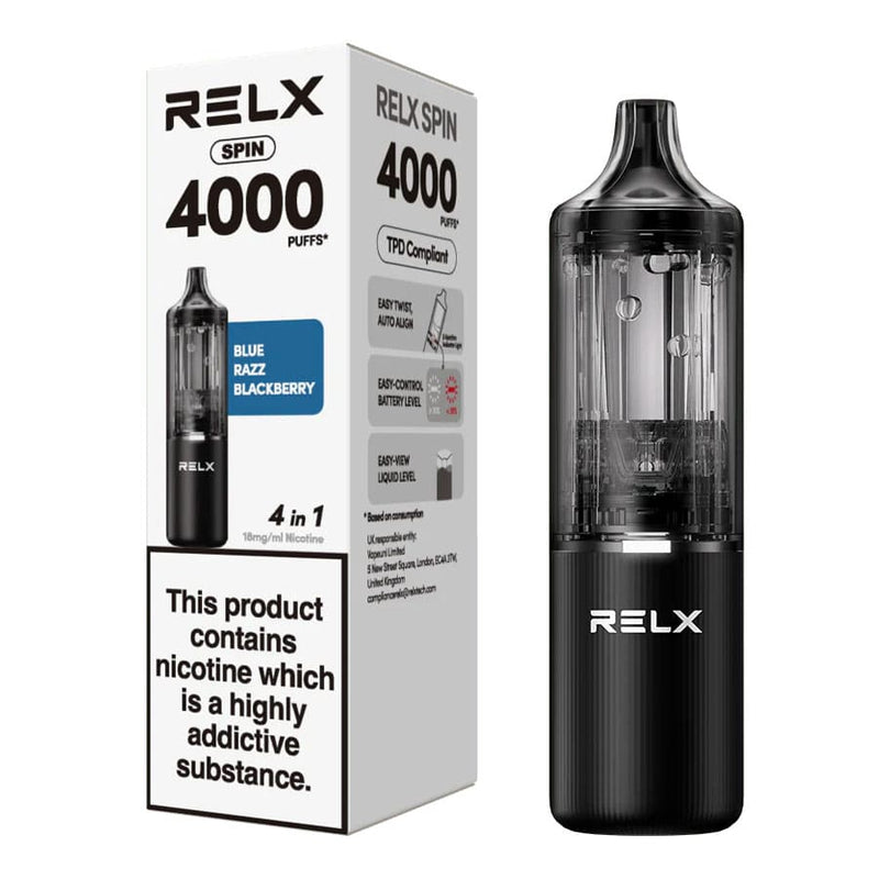 Blue Razz Blackberry Relx Spin 4000 device with box.