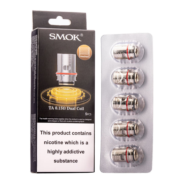 Smok TA 0.15 dual mesh coils in pack of 5 stood next to packaging.